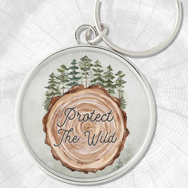 Earth Day Quote Wood Disc Pine Trees Environment Keychain (Close up)