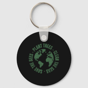 Earth Day Save Bees Plant Trees Clean Seas Environ Keychain