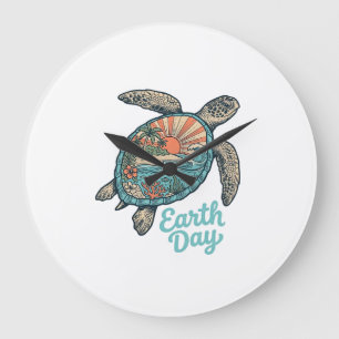 Earth Day Sea Turtle Vintage Engraving Shirt Desig Large Clock