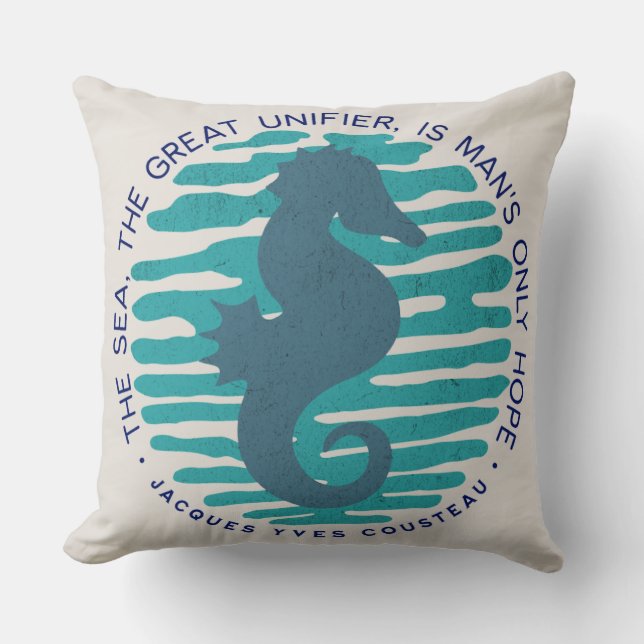 Earth Day, Seahorse and Waves, Clean The Ocean Throw Pillow (Front)