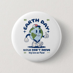 Earth Day Walk Don't Drive Cartoon Illustration 2 Inch Round Button
