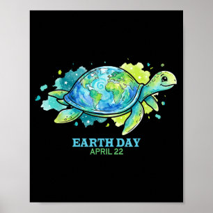 Earth day watercolor sea turtle globe shell save poster