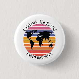 Earth Day World Map Retro Sunset Silhouette 1 Inch Round Button