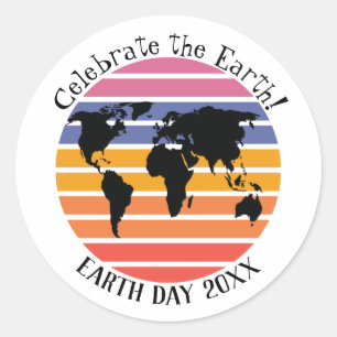 Earth Day World Map Retro Sunset Silhouette Classic Round Sticker