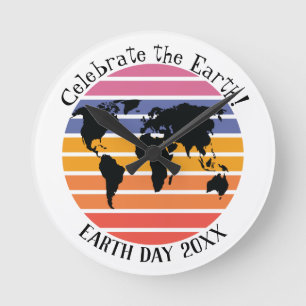 Earth Day World Map Retro Sunset Silhouette Round Clock