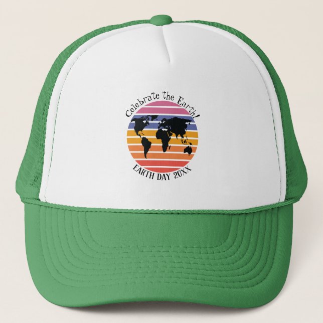 Earth Day World Map Retro Sunset Silhouette Trucker Hat (Front)
