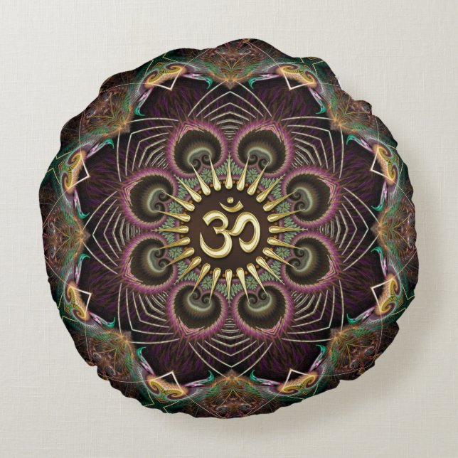 Earth Flower Fractal Energy Mandala Om Symbol Round Pillow (Back)