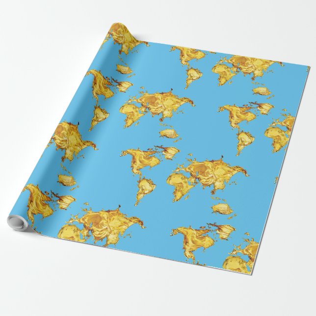 Earth Gold Continents Design Blue Sea Wrapping Paper (Unrolled)