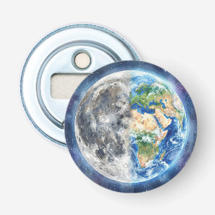Earth & Moon Watercolor Galaxy Celestial Design Bottle Opener