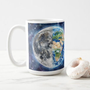 Earth & Moon Watercolor Galaxy Celestial Design Coffee Mug