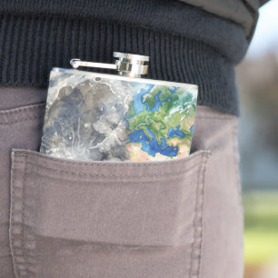 Earth & Moon Watercolor Galaxy Celestial Design Hip Flask