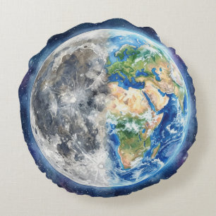 Earth & Moon Watercolor Galaxy Celestial Design Round Pillow