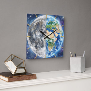 Earth & Moon Watercolor Galaxy Celestial Design Square Wall Clock
