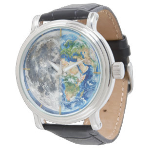 Earth & Moon Watercolor Galaxy Celestial Design Watch
