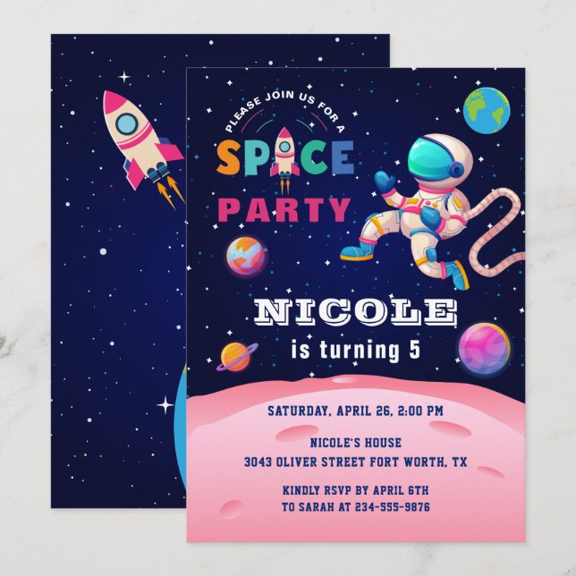Earth Outer Space Party Astronaut Galaxy Birthday Invitation (Front/Back)