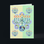 Earth Peace Menorah Chanukah Cards<br><div class="desc">Menorah with peace symbol in earth pattern. Chanukah design. Green and yellow cards -- customize your greeting inside.  Inside text reads "Happy Chanukah" -- or you can change to anything you wish.  Art on every side.</div>