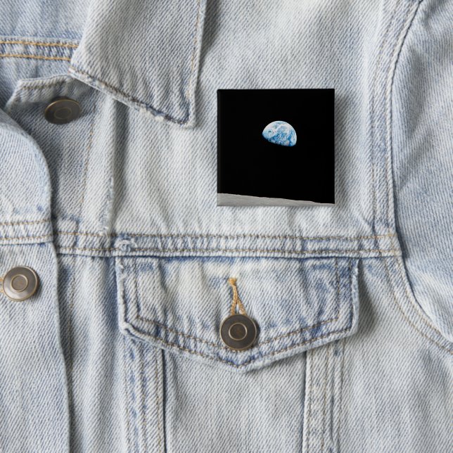 Earth Rising Above The Lunar Horizon. 2 Inch Square Button (In Situ)