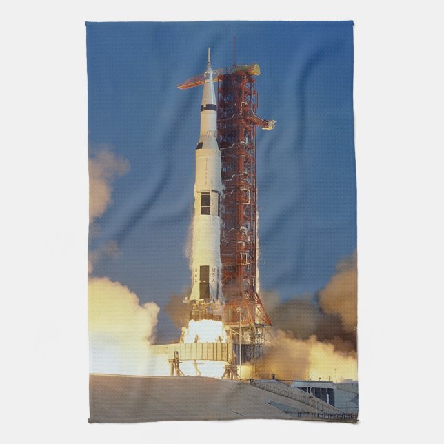 Earth Shakes as Saturn V Blazes Skyward to Moon Kitchen Towel (Vertical)