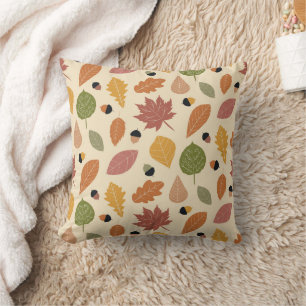Earth Tone Autumn leaves with acrons on beige  Throw Pillow
