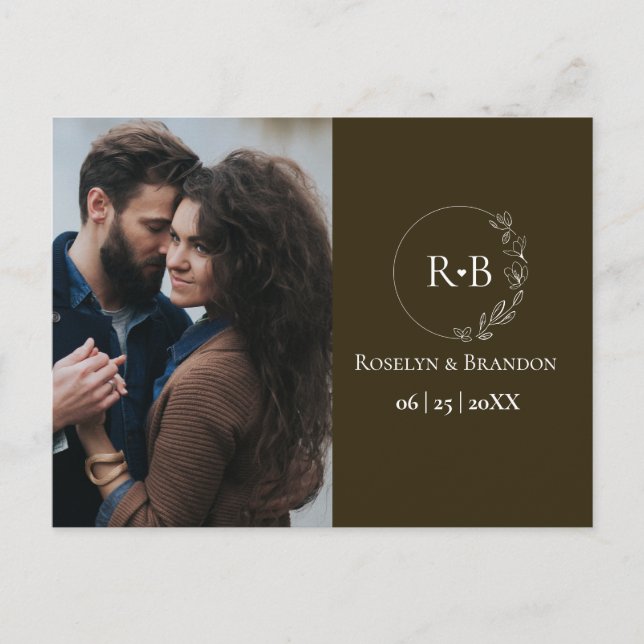 Earth tone brown Monogram wreath Photo wedding  Postcard (Front)