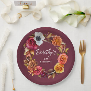 Earth Tone Burgundy Fall Flowers 40th Birthday Paper Plate
