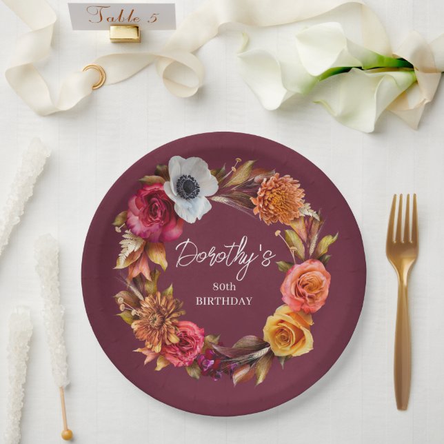 Earth Tone Burgundy Fall Flowers 80th Birthday Paper Plate (Wedding)