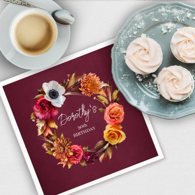 Earth Tone Burgundy Fall Flowers 90th Birthday Napkin (Add a chic touch to your 90th birthday fall party decor with this earth tone floral napkin!)