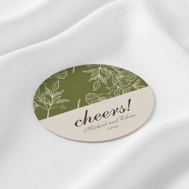 Earth Tone Floral Cheers! Wedding Coaster Favour (Add a stylish touch to your celebration with this Earth Tone Floral “Cheers!” Wedding Coaster Favor!)