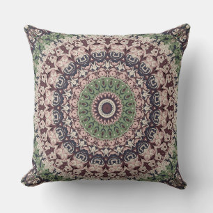 Earth Tone Green and Brown Mandala Pattern Throw Pillow