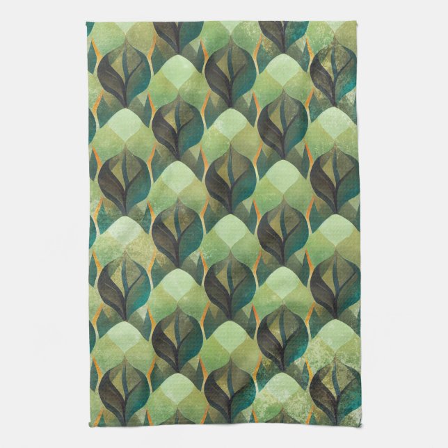 Earth Tone Green Geometric Vintage Pattern Kitchen Towel (Vertical)