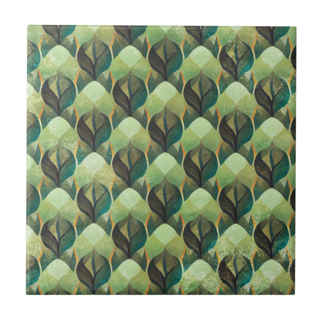 Earth Tone Green Geometric Vintage Pattern Tile (Front)