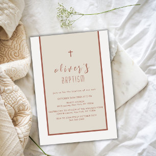 Earth Tone Modern Cross Christening Boy Baptism Invitation