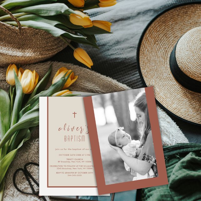 Earth Tone Modern Cross Christening Photo Baptism Invitation (Earth Tone Modern Cross Christening Photo Baptism Invitation)