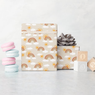 Earth Tone Rainbow and Golden Sun with Clouds Wrapping Paper