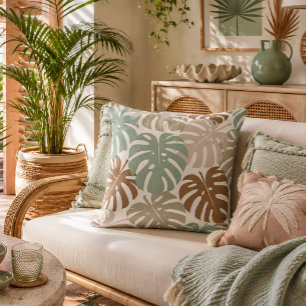 Earth Tone Tropical Monstera Leaves Pattern Throw Pillow