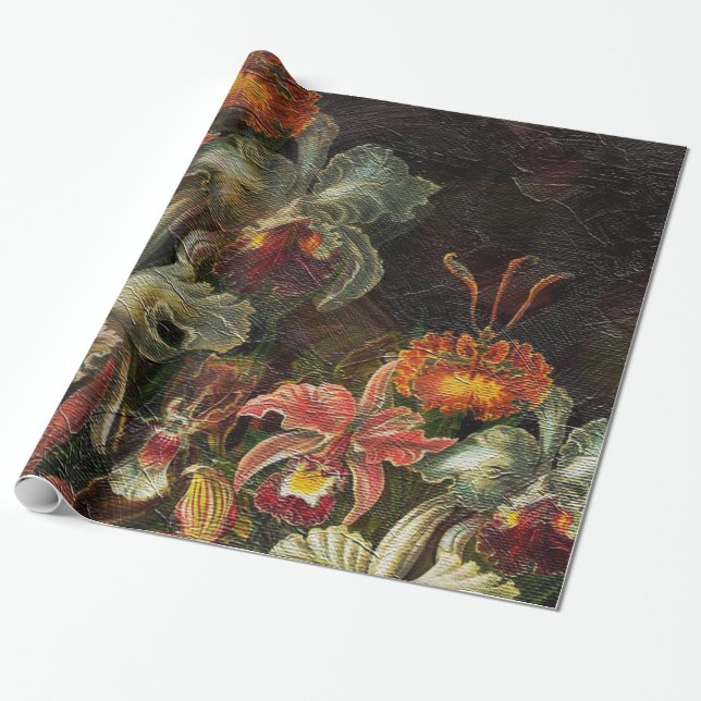 Earth Tone Vintage Flowers Wrapping Paper (Unrolled)