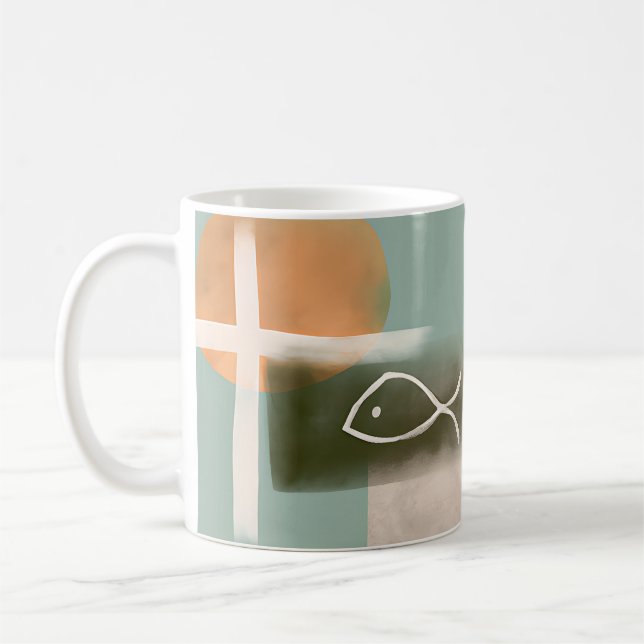 Earth tones cross and fish minimalist art  coffee mug (Left)
