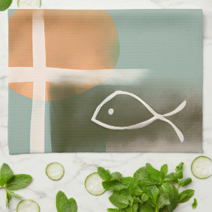 Earth tones cross and fish minimalist art kitchen towel