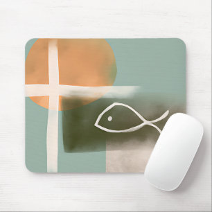 Earth tones cross and fish minimalist art mouse pad