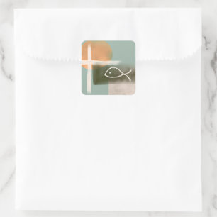 Earth tones cross and fish minimalist art square sticker