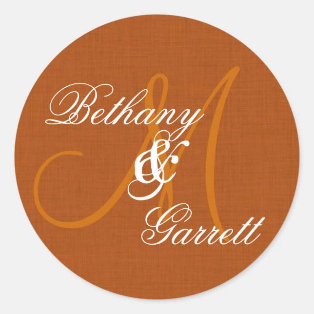 EARTH TONES Wedding Monogram Bride and Groom Classic Round Sticker (Front)