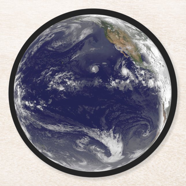 Earth With Three Tropical Cyclones In The Pacific. Round Paper Coaster (Front)