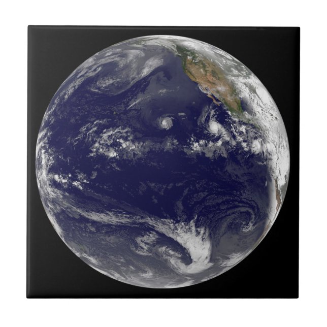 Earth With Three Tropical Cyclones In The Pacific. Tile (Front)