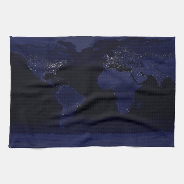 Earth World Map City Lights at Night Satellite Kitchen Towel (Horizontal)