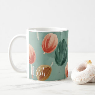 Earthly Sage and Coral Painterly Floral Tulip Art Coffee Mug