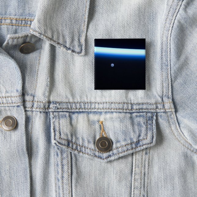 Earth's Thin Line Of Atmosphere And A Gibbous Moon 2 Inch Square Button (In Situ)