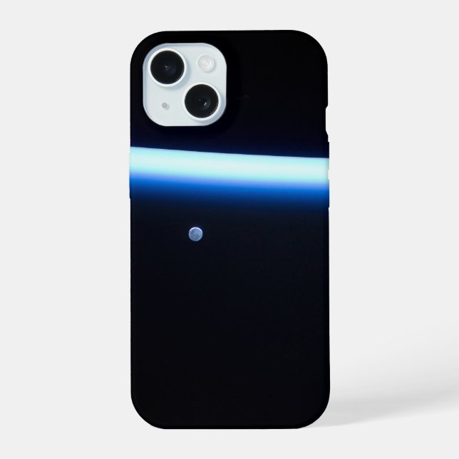 Earth's Thin Line Of Atmosphere And A Gibbous Moon iPhone 15 Case (Back)