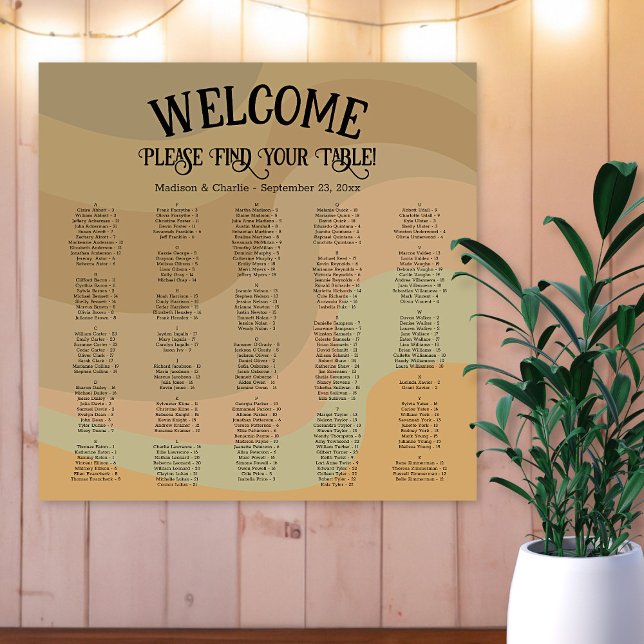 Earthtone Retro Alphabetical Wedding Seating Chart (In Situ on Wall)