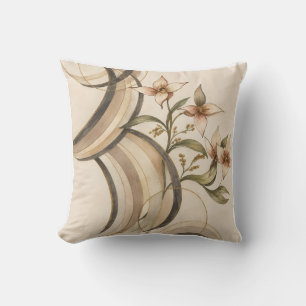 Earthy Abstract Floral & Calligraphy Lines Art Pri Throw Pillow