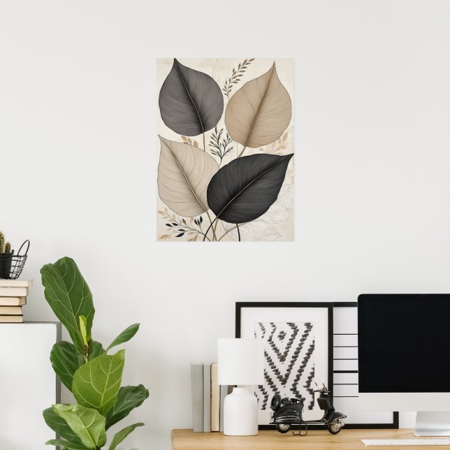 Earthy Abstract Leaves Neutral Botanical  Poster (Home Office)